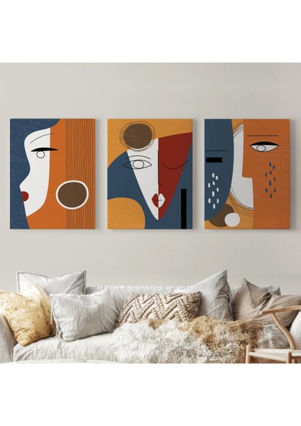 Gerçeküstü Soyut Yüzler Dekoratif Duvar Tablosu Üçlü Set-Dt-97