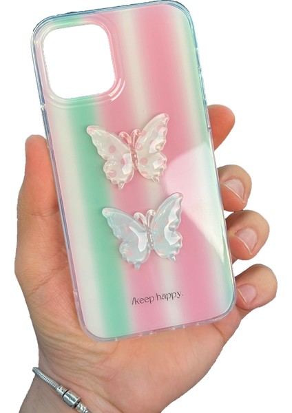 Apple iPhone 15 Pro Max Uyumlu Pembe Sevimli Epoksi Kelebek Süslü Kılıf