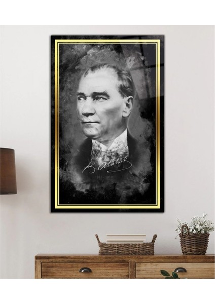 Dekoratif Gold Şerit Atatürk Portresi Siyah Beyaz Cam Tablo Uv Baskı 11003 Bungcam