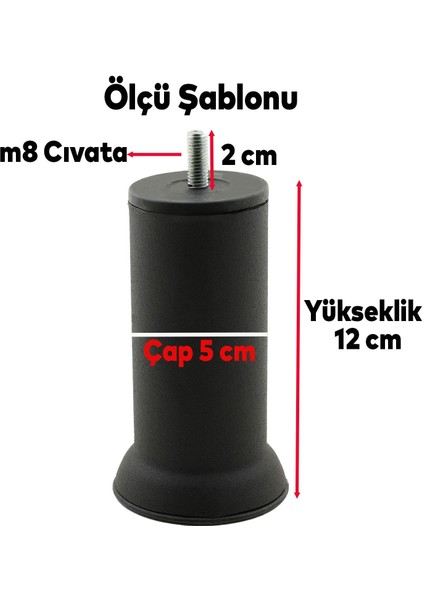 Mobilya Yükseltici Baza Metal Kanepe Koltuk Destek Ayağı M8 Civatalı Ince Diş Siyah Metal Ayak 12 cm (12 Adet) fiyatları