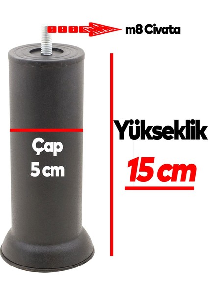 Mobilya Yükseltici Baza Metal Kanepe Koltuk Destek Ayağı M8 Civatalı Ince Diş Siyah Ayak 15 cm (8 Adet) fırsatları