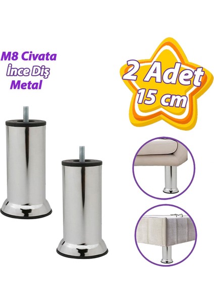 2 Adet Metal Destek Ayağı 15 cm Krom Mobilya Kanepe Baza Koltuk Ünite Ayakları Metrik 8 Civatalı Ince Diş