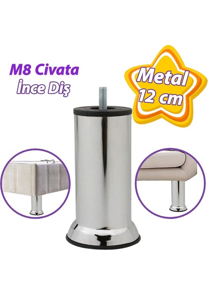 Metal Destek Ayağı 12 cm Krom Mobilya Kanepe Baza Koltuk Ünite Ayakları Metrik 8 Civatalı Ince Diş
