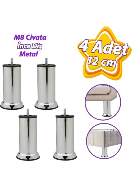 4 Adet Metal Destek Ayağı 12 cm Krom Mobilya Kanepe Baza Koltuk Ünite Ayakları Metrik 8 Civatalı Ince Diş