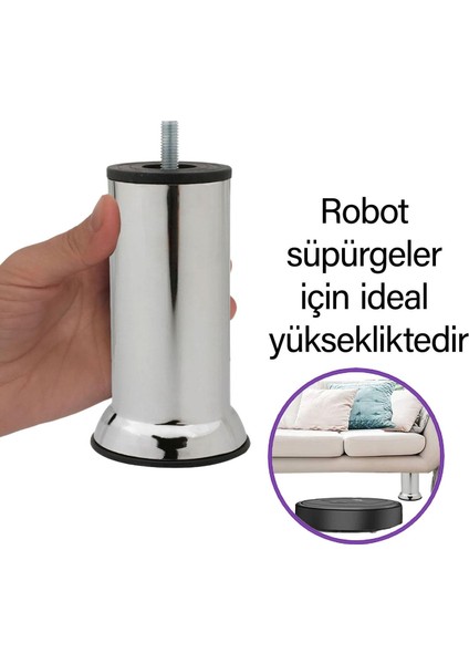4 Adet Metal Destek Ayağı 12 cm Krom Mobilya Kanepe Baza Koltuk Ünite Ayakları Metrik 8 Civatalı Ince Diş