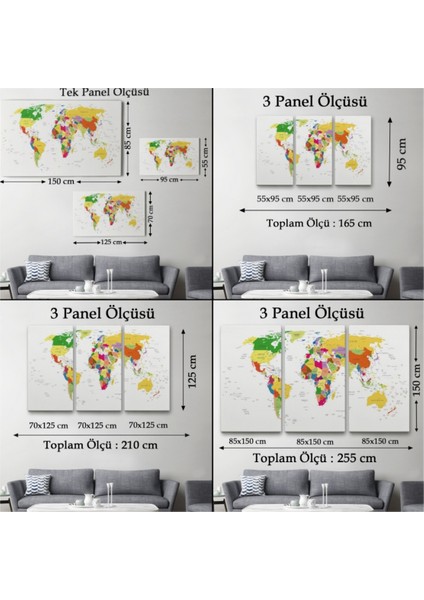 Dekoratif Kanvas Tablo Duvar Dekoru Renkli Ingilizce Ayrıntılı Dünya Haritası Dikdörtgen 1059 Bungknv