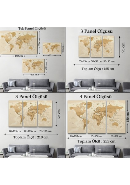 Dekoratif Kanvas Tablo Duvar Dekoru Kahverengi Ton Ingilizce Dünya Haritası 1086 Bungknv