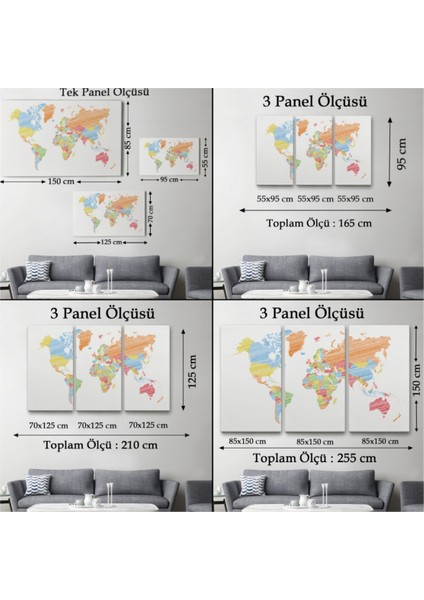 Dekoratif Kanvas Tablo Duvar Dekoru Estetik Renkli Dünya Haritası 1100 Bungknv