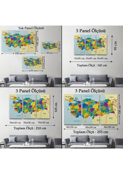 Dekoratif Kanvas Tablo Duvar Dekoru Komşulu Il ve Ilçe Detaylı Türkiye Haritası Harita 3004 Bungknv