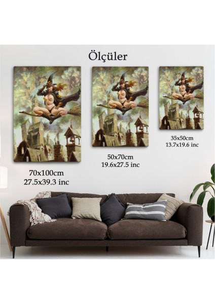 Dekoratif Kanvas Tablo Duvar Dekoru Cadılar Bayramı Gotik Çıplak Cadı Süpürgeyle 5288 Bungknv