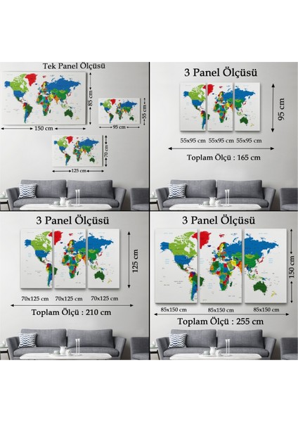 Dekoratif Kanvas Tablo, Duvar Dekoru, Renkli Dünya Haritası İngilizce 1014 BUNGKNV