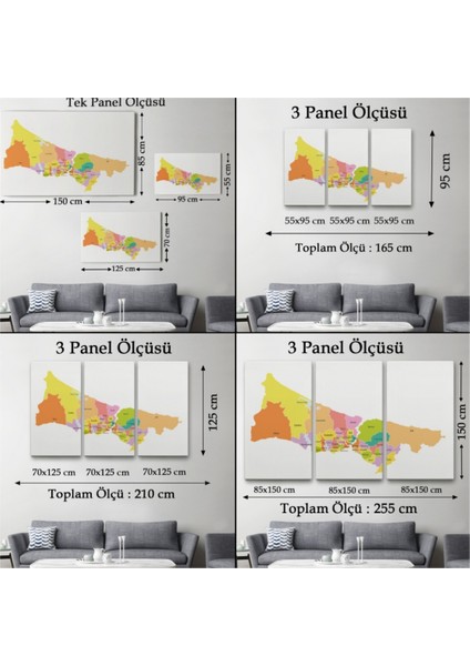 Dekoratif Kanvas Tablo, Duvar Dekoru, İstanbul İlçeleri Haritası 1017 BUNGKNV