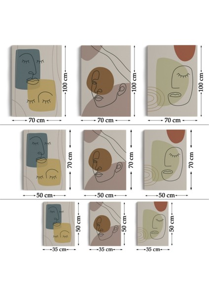 Dekoratif Kanvas Tablo, Duvar Dekoru, Minimal Şekiller ve Çizgi Sanat Yüzleri Soyut 3'lü Set AP16 BUNGKNV