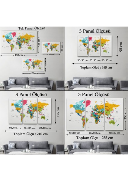 Dekoratif Kanvas Tablo Duvar Dekoru Detaylı Eğitici Türkçe Dünya Haritası Renkli 1628 Bungknv