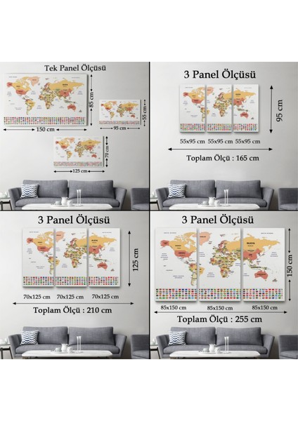 Dekoratif Kanvas Tablo Duvar Dekoru Ülke Bayraklı Eğitici Türkçe Dünya Haritası Harita 2386 Bungknv