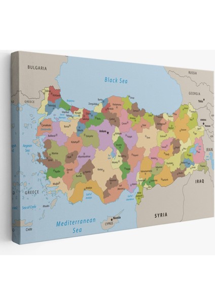 Dekoratif Kanvas Tablo Duvar Dekoru Komşu Ülkeli Ingilizce Türkiye Haritası 1067 Bungknv