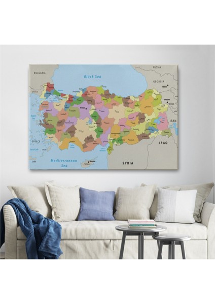 Dekoratif Kanvas Tablo Duvar Dekoru Komşu Ülkeli Ingilizce Türkiye Haritası 1067 Bungknv
