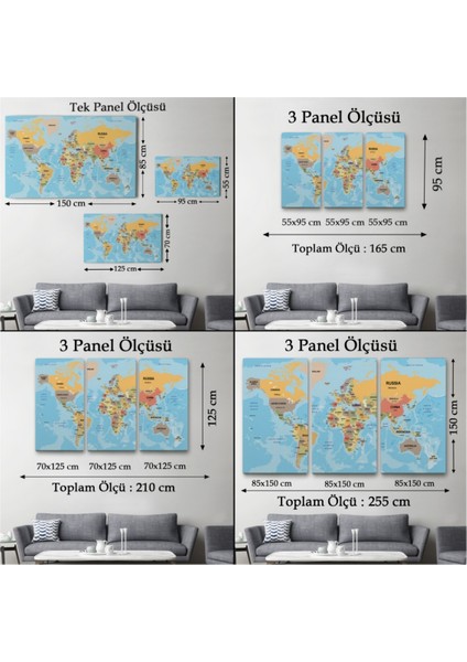 Dekoratif Kanvas Tablo Duvar Dekoru Ülke Başkentli Okyanuslu Türkçe Dünya Haritası 2228 Bungknv