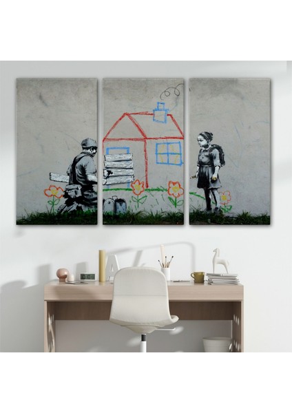 Dekoratif Kanvas Tablo Duvar Dekoru Çocuğun Çizdiği Ev ve Kapıyı Kapatan Adam Banksy 5019 Bungknv