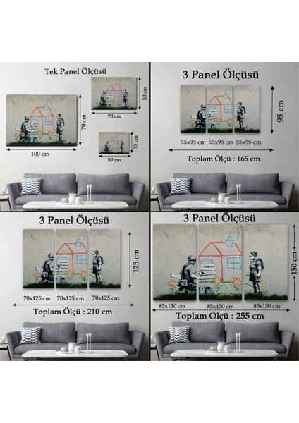 Dekoratif Kanvas Tablo Duvar Dekoru Çocuğun Çizdiği Ev ve Kapıyı Kapatan Adam Banksy 5019 Bungknv