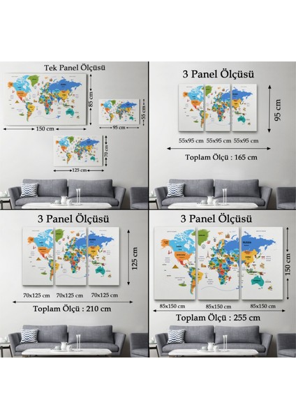 Dekoratif Kanvas Tablo Duvar Dekoru Ülke Başkent Sembollü Eğitici Ingilizce Dünya Haritası 2335 Bungknv