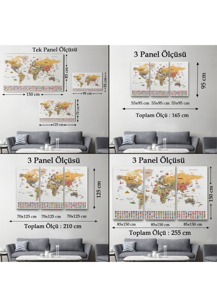 Dekoratif Kanvas Tablo Duvar Dekoru Detaylı Sembollü Bayraklı Türkçe Dünya Haritası Tablo 2854 Bungknv