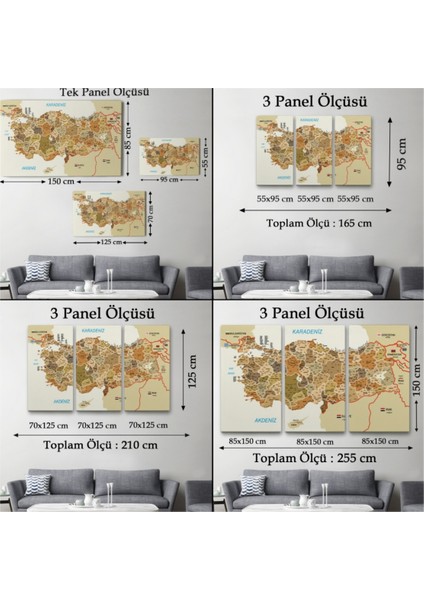 Dekoratif Kanvas Tablo Duvar Dekoru Komşu Ülkeler Il ve Ilçe Detaylı Türkiye Haritası 3020 Bungknv