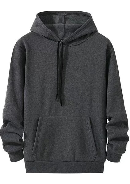 YS Innovation Erkek Uzun Kol Kapşonlu Basic Sweatshirt Hoodie - Füme