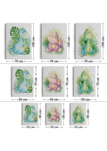 Dekoratif Kanvas Tablo Duvar Dekoru Sevimli Dinozor Temalı 3'lü Set BZ50 Bungknv