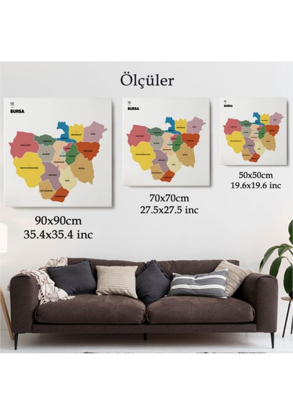 Dekoratif Kanvas Tablo Duvar Dekoru Il ve Ilçeler Haritası Bursa Modern 1307 Bungknv