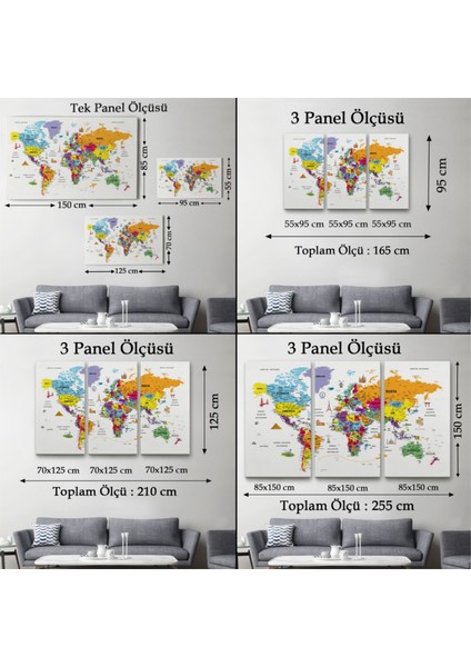 Dekoratif Kanvas Tablo Duvar Dekoru Eğitici Detaylı Sembollü Türkçe Dünya Haritası 3180 Bungknv