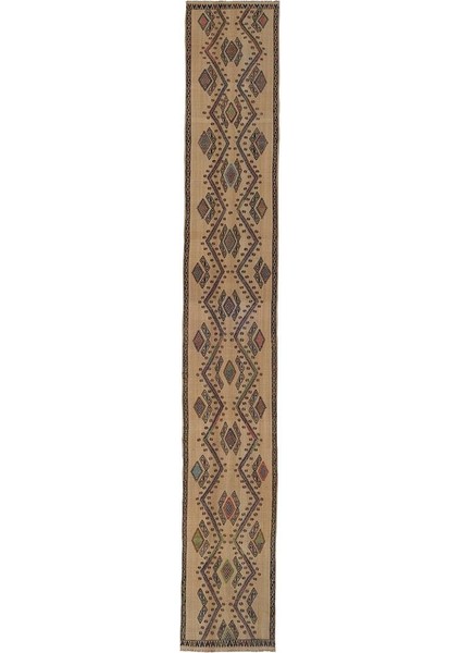 El Dokuma Geometrik Desenli Uzun Yolluk Kilim 58 x 404 cm