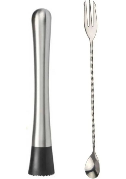 Mojito Tokmağı + Çatallı Bar Kaşığı Seti Siyah Bar Tokmağı Kokteyl Tokmağı Bar Kaşığı 30 cm Kokteyl