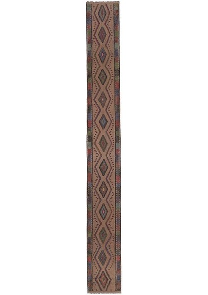 El Dokuma Geometrik Desenli Uzun Yolluk Kilim 46 x 401 cm