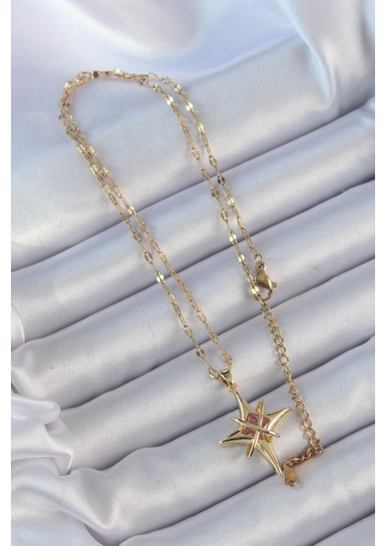 316L Çelik Zincir Altın Renk Pembe Zirkon Taşlı Kutup Yıldızı Kolye fiyatları