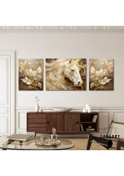 3lü Kanvas Şık Salon Duvar Tablosu Modern Soyut Kahverengi Gold At