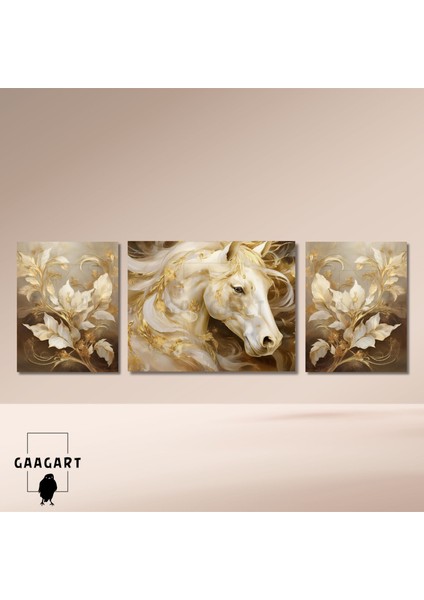 3lü Kanvas Şık Salon Duvar Tablosu Modern Soyut Kahverengi Gold At