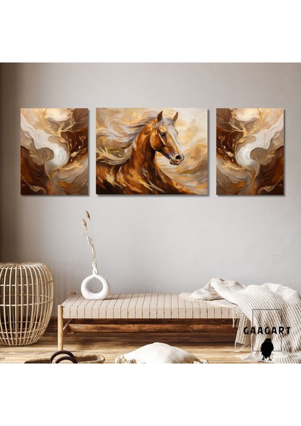 3lü Kanvas Şık Salon Duvar Tablosu Modern Soyut Kahve Gold At