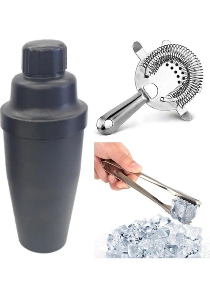 Kokteyl Seti 3 Parça Shaker 700 ml Bar Süzgeci Buz Maşası Kokteyl Hazırlık Seti Bartender