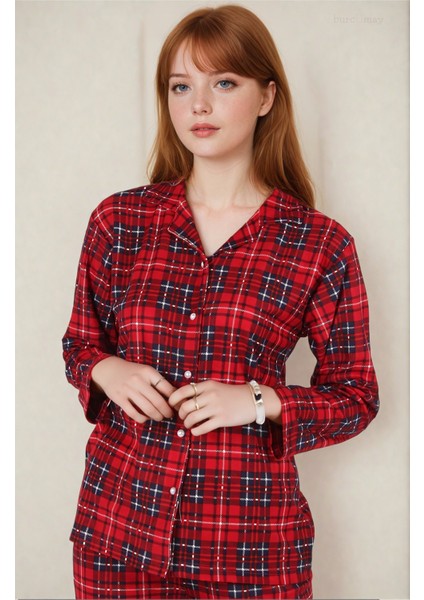 Kadın Ekoseli Kışlık Uzun Kollu Desenli Önden Düğmeli Kırmızı Süet Pijama Takımı fiyatları