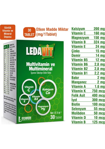 Multivitamin Mineral Kalsiyum Magnezyum Çinko Demir 30 Tablet