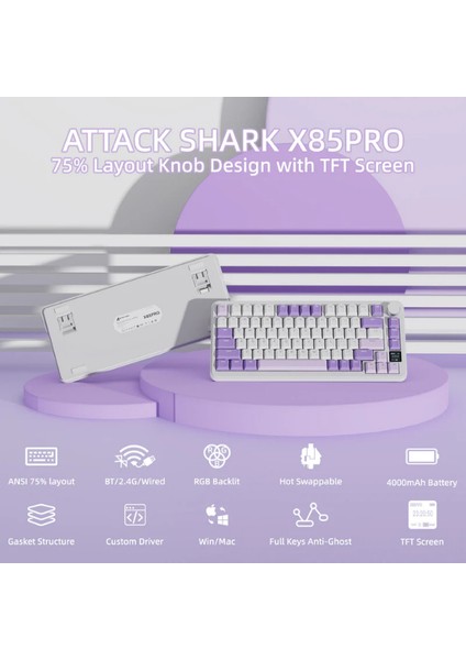 Attack Shark X85PRO Ekranlı Kablosuz Mekanik Klavye