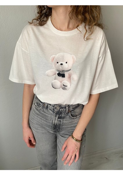 Ayıcık Baskılı Bisiklet Yaka Kısa Kol Kadın Basic Tshirt