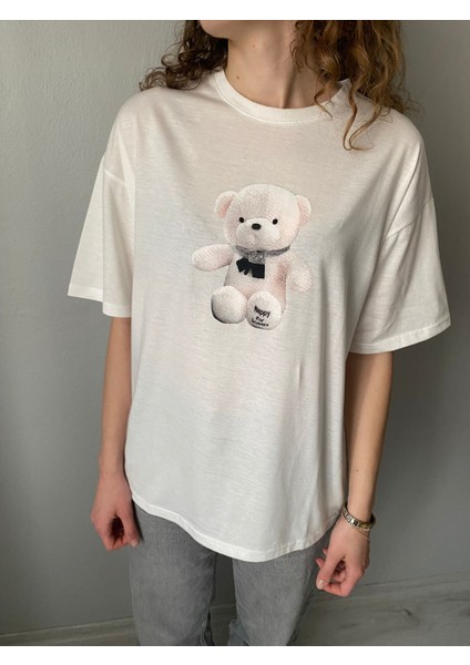 Ayıcık Baskılı Bisiklet Yaka Kısa Kol Kadın Basic Tshirt fiyatları