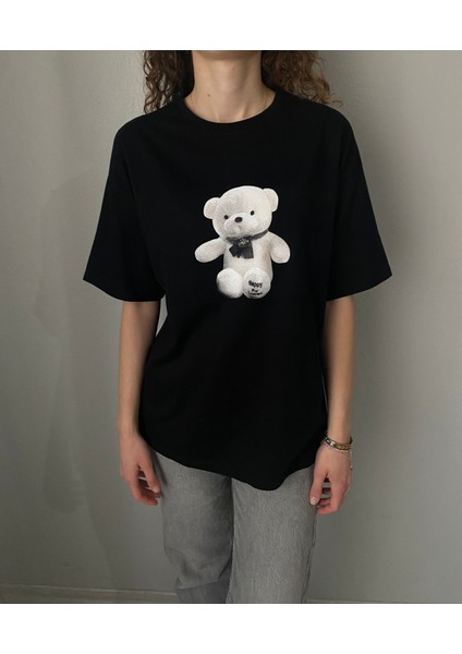 Ayıcık Baskılı Bisiklet Yaka Kısa Kol Kadın Basic Tshirt fiyatları