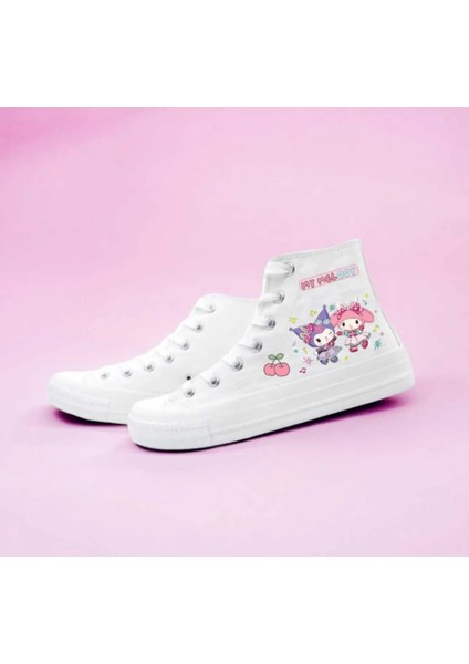 Tatlı Baskılı Beyaz Keten Çocuk Spor Ayakkabı Sneaker