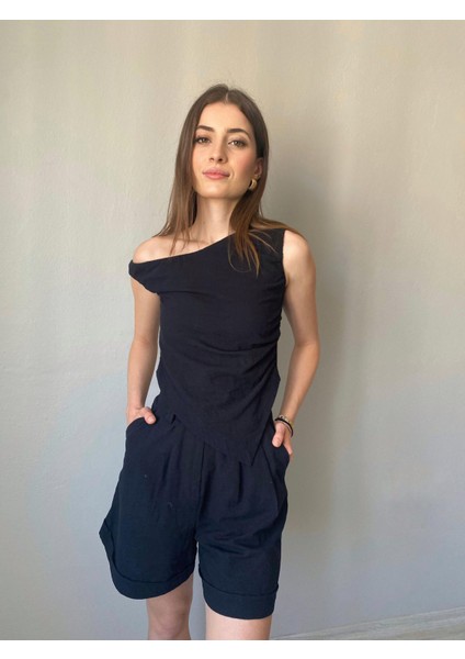 Asitmetrik Bluz Şort Kadın Keten Takım