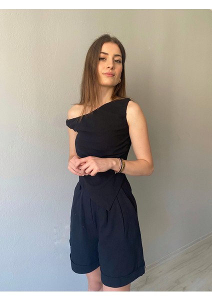 Asitmetrik Bluz Şort Kadın Keten Takım modelleri