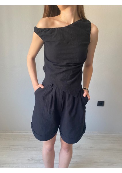 Asitmetrik Bluz Şort Kadın Keten Takım fırsatları