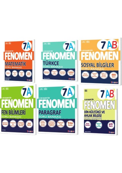 7. Sınıf (A) Matematik – Türkçe – Fen Bilimleri – Paragraf – Sosyal Bilgiler - Din Kültürü ve Ahlak Bilgisi Soru Bankası 6 Kitap